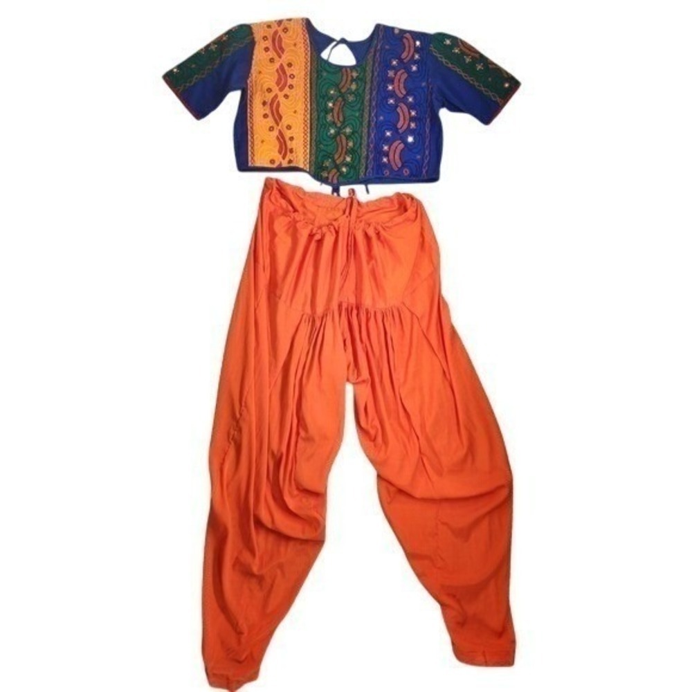XL Traditional Dhoti Choli Set Orange Blue Embroidered Mirrors Navratri Dussehra